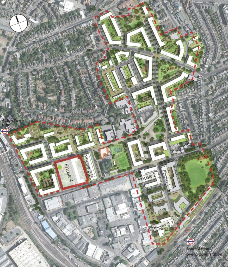 Comprehensive aerial masterplan of the Acton Gardens regeneration project in West London W3, showing the full scope of this £800 million estate transformation. The plan illustrates phases 1 - 4 of the development across the 52-acre former South Acton Estate site, with clear phase boundaries marked in red dashed lines.